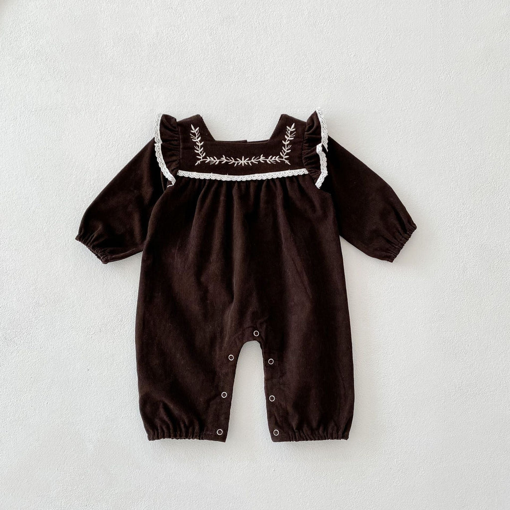 Baby Girls Square Collar Embroidery Long Sleeve Elastic Cuff Jumpsuit Wholesale Baby Onesies - PrettyKid