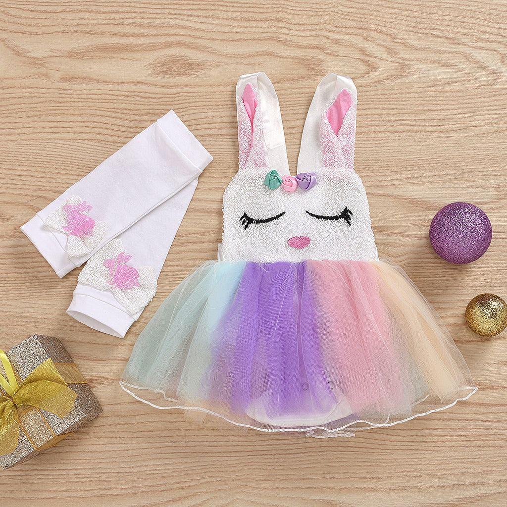 Baby Girls Easter Bunny Colorful Mesh Bodysuit Dresses With Leg Warmers - PrettyKid