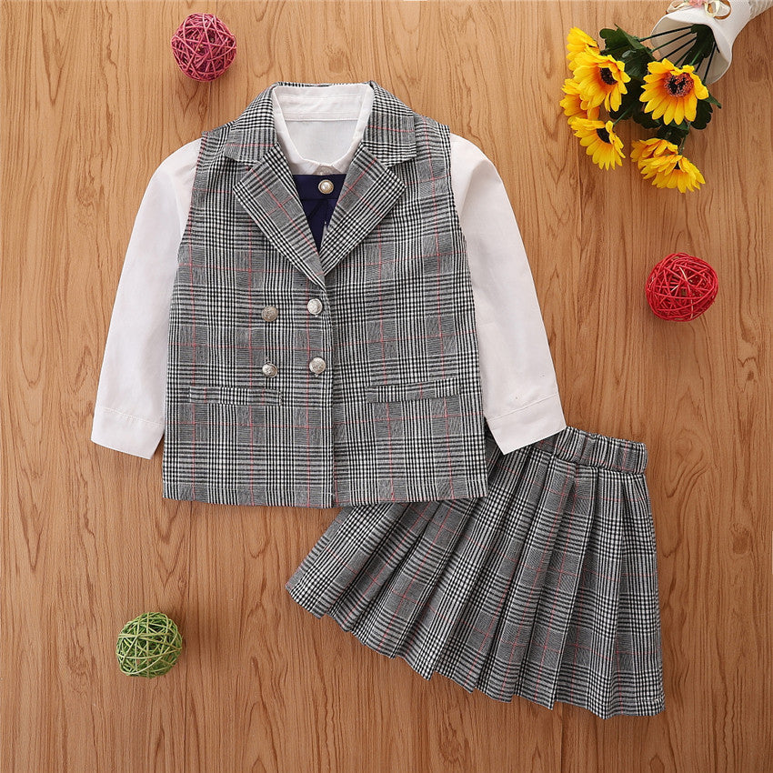 Checked Blazer And Skirt And Shirt School Wear Kid Girls Outfits Sets - PrettyKid