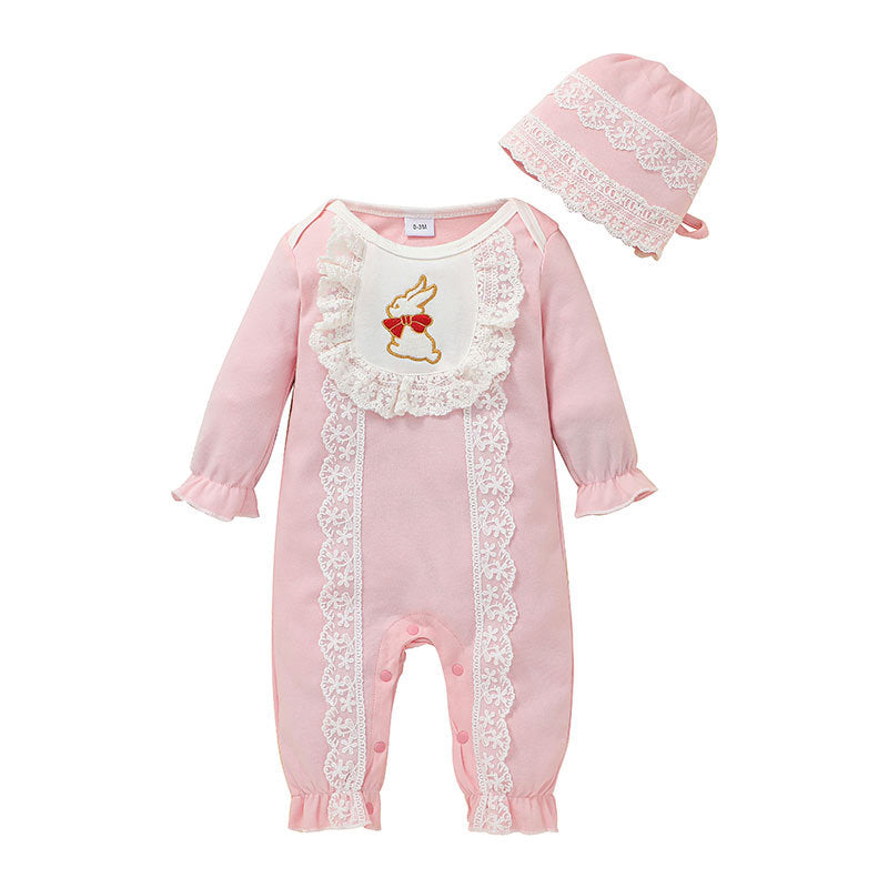 Baby Girl Bunny Print Lace-Trimmed Bodysuit And Hat Baby One Piece Jumpsuit - PrettyKid