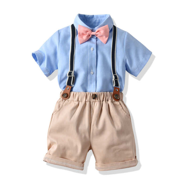 Blue Bowtie Shirt And Suspender Shorts Wholesale Toddler Boy Clothes Sets - PrettyKid