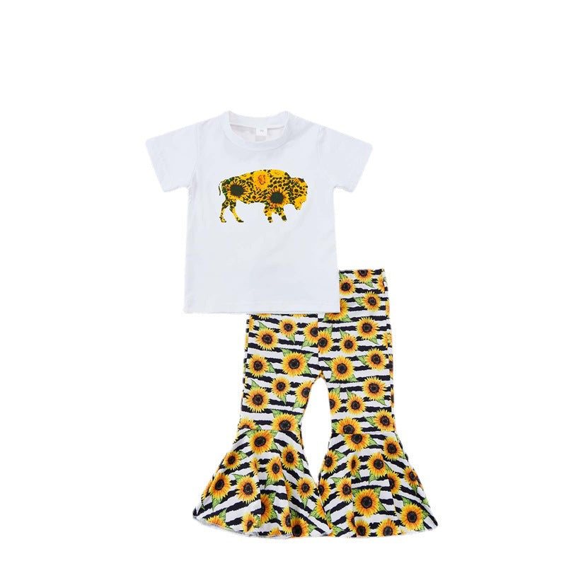 18m-6Y Toddler Girls Sets T-Shirts & Sunflower Print Bell Bottom Pants Wholesale Little Girl Clothing - PrettyKid