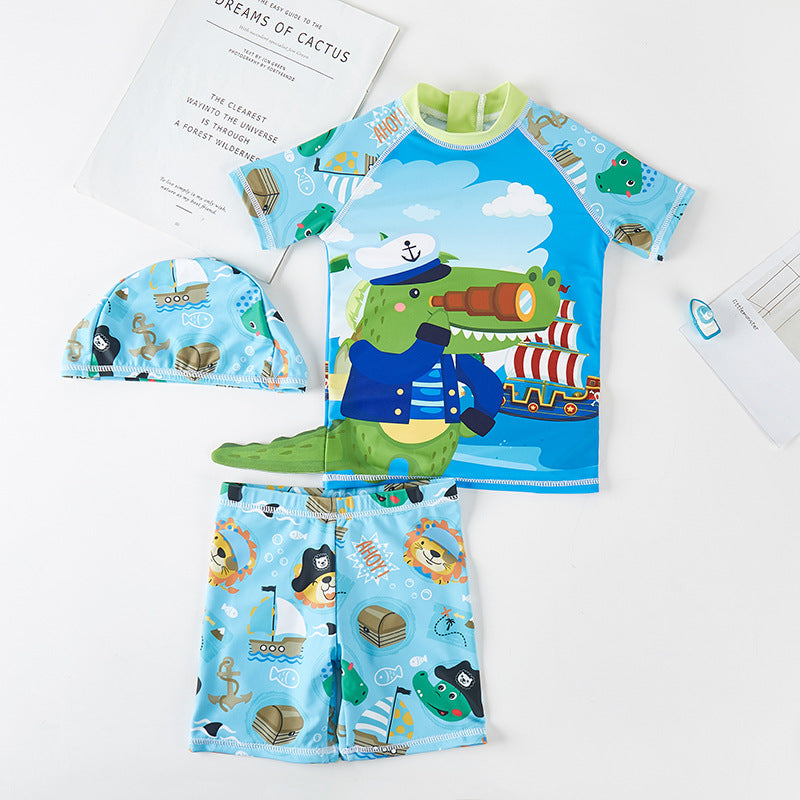 Crocodile Pattern Two Piece Romper And Headband Wholesale Toddler Boy Swimwear - PrettyKid
