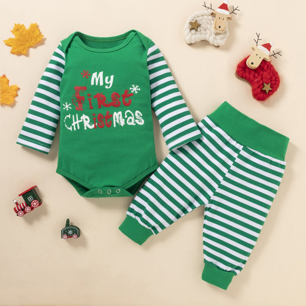 Christmas Striped Long-Sleeved Letter Printed Romper And Trousers Baby Outfit Sets - PrettyKid