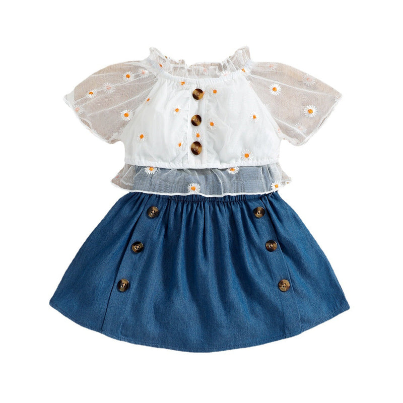 Baby Girl Daisy Print Mesh Crop Top And Denim Skirt Two Piece Baby Sets - PrettyKid