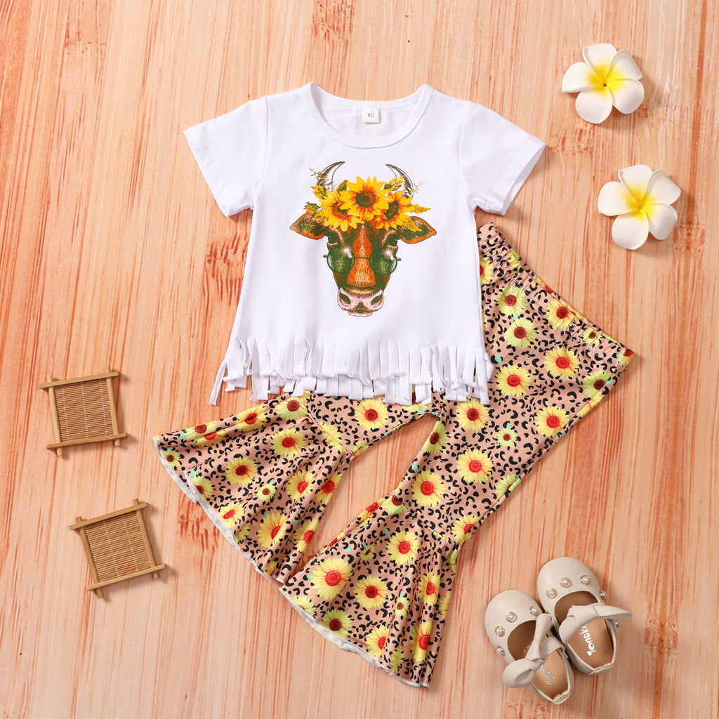 Cow Pattern T-Shirt And Sunflower Flared Pants Toddler Girl Two Piece Outfits - PrettyKid
