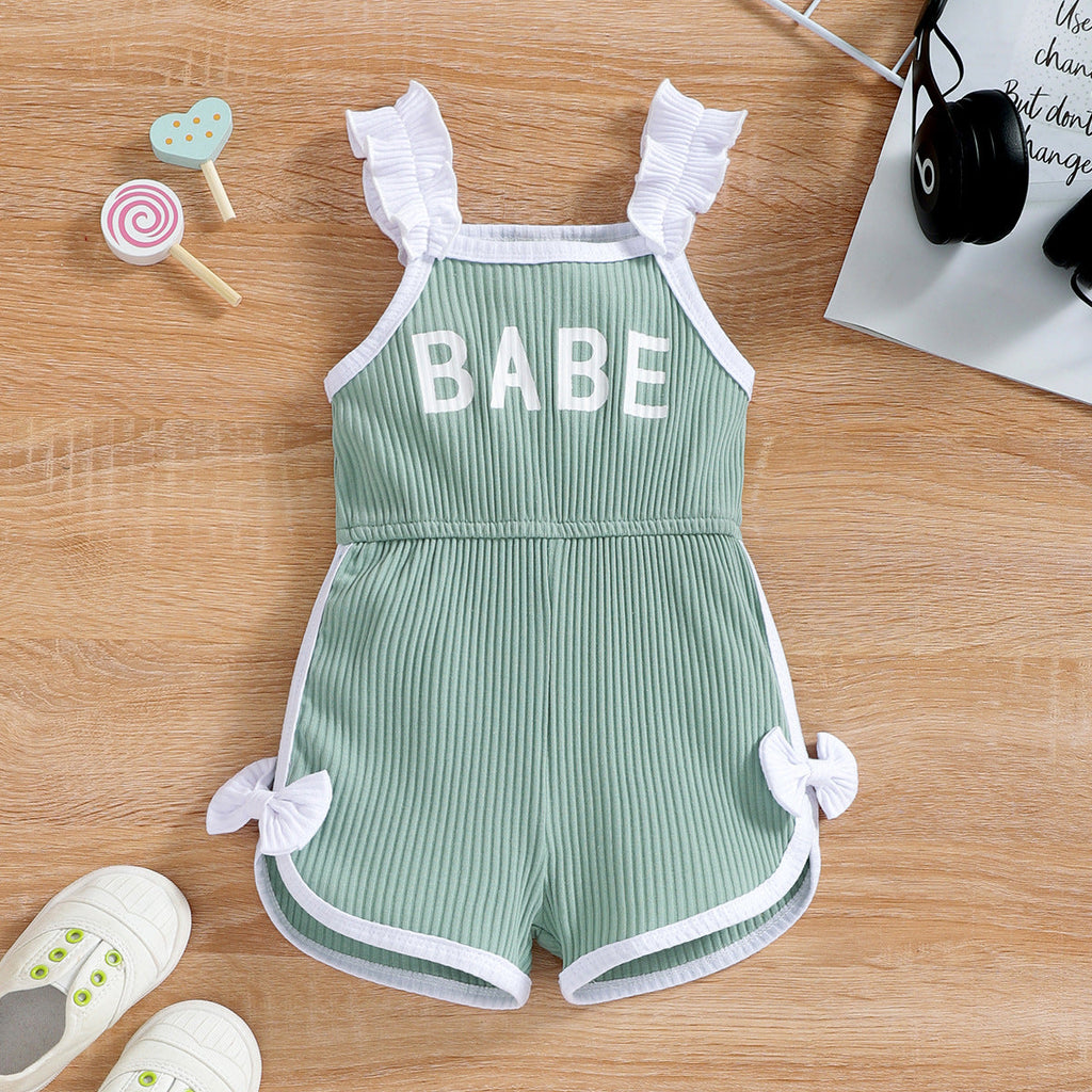 BABE Printed Bowknot Ribbed Romper Baby One Piece Jumpsuit - PrettyKid