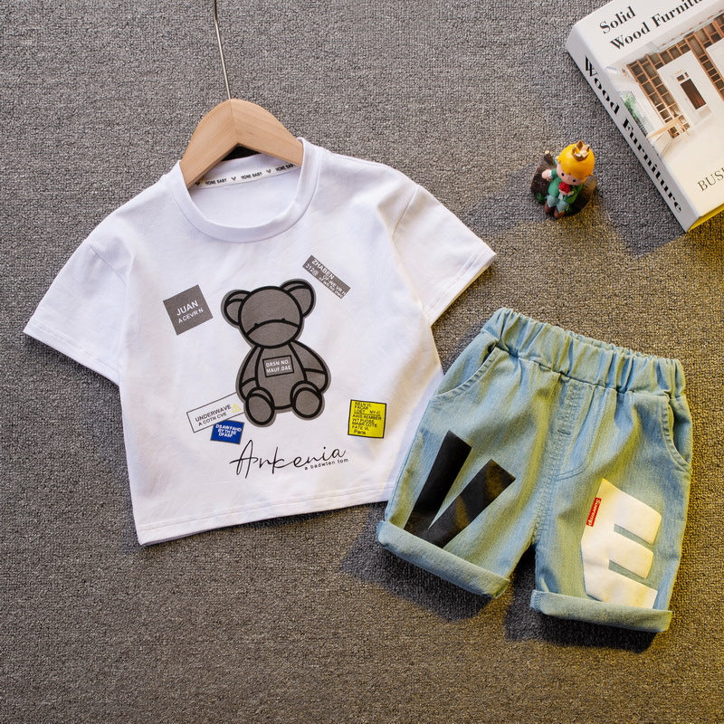 9M-4Y Round Neck Bear Print Short-Sleeved T-Shirt Casual Denim Shorts Two-Piece Set Wholesale Baby Clothes - PrettyKid