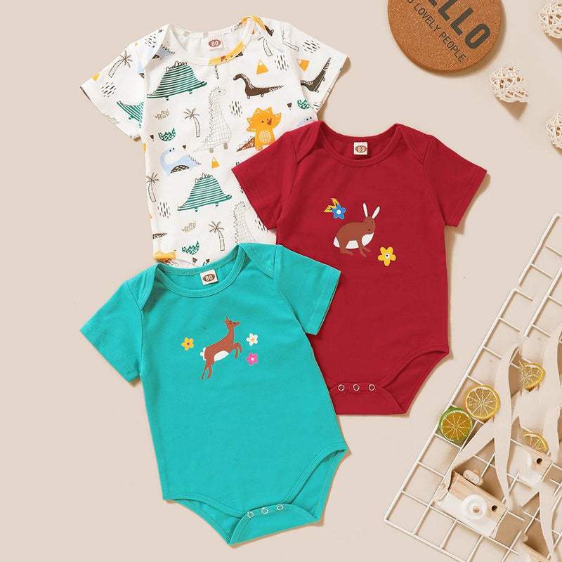 Baby Unisex 3PCS Animal Printed Summer Short Sleeve Rompers Baby Clothes Suppliers - PrettyKid