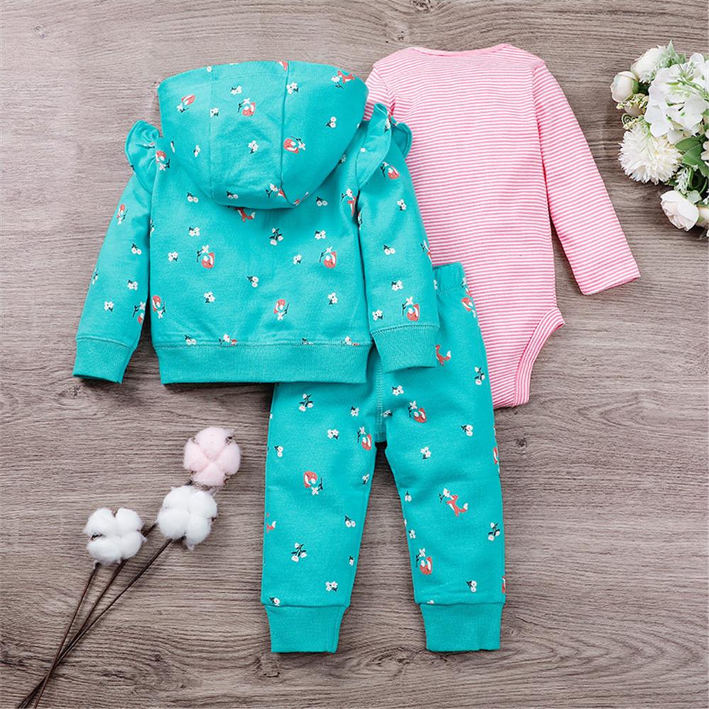 Baby Girls 3PCS Cartoon Printed Striped Sets Baby Clothes Wholesale Bulk - PrettyKid