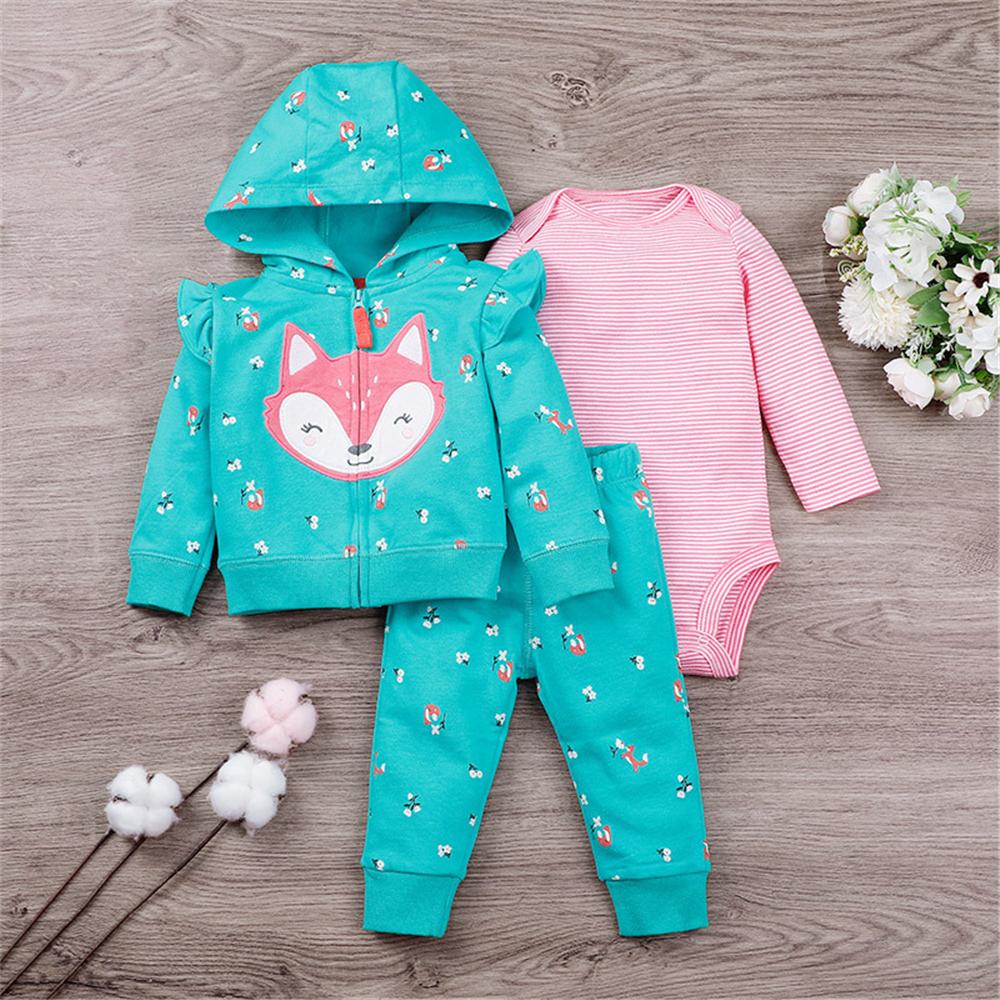 Baby Girls 3PCS Cartoon Printed Striped Sets Baby Clothes Wholesale Bulk - PrettyKid
