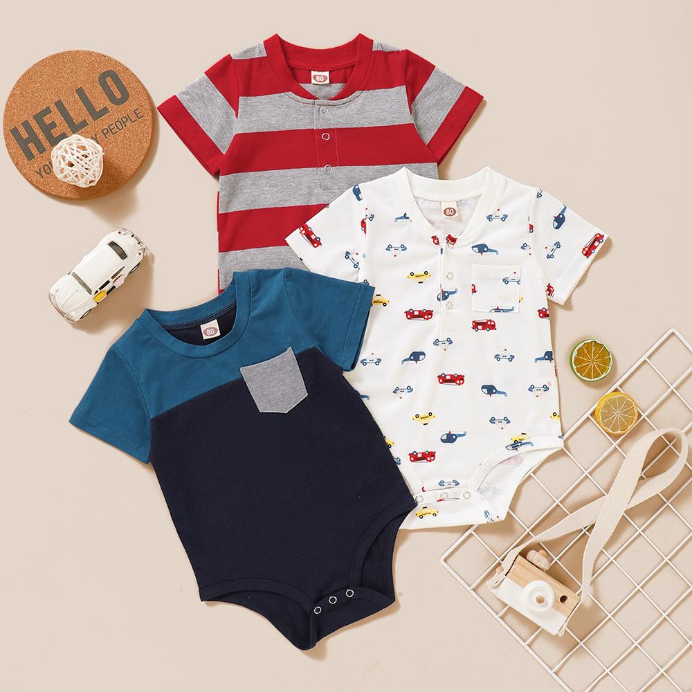 Baby Boys 3PCS Casual Short Sleeve Striped Cartoon Printed Rompers Baby Clothes Wholesale Bulk - PrettyKid