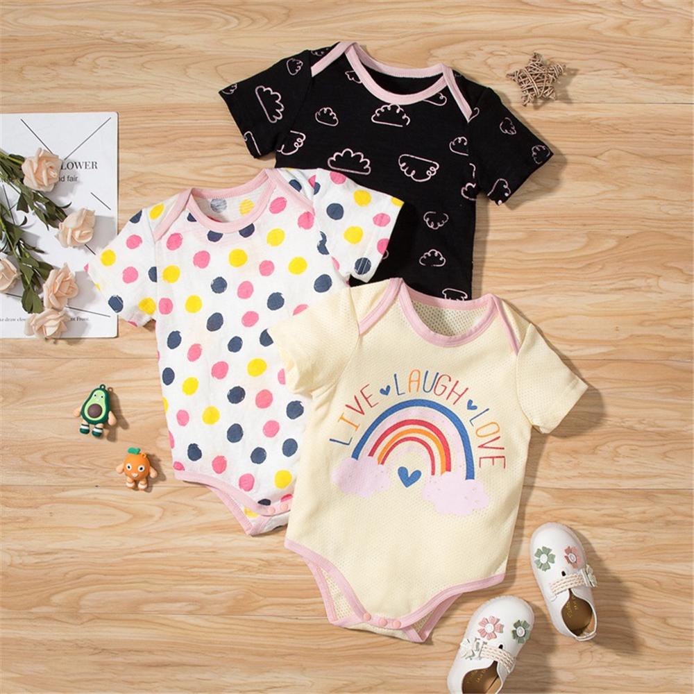 Baby Girls 3PCS LetterRainbow Polka Dot Cloud Printed Rompers kids denim jacket wholesale - PrettyKid