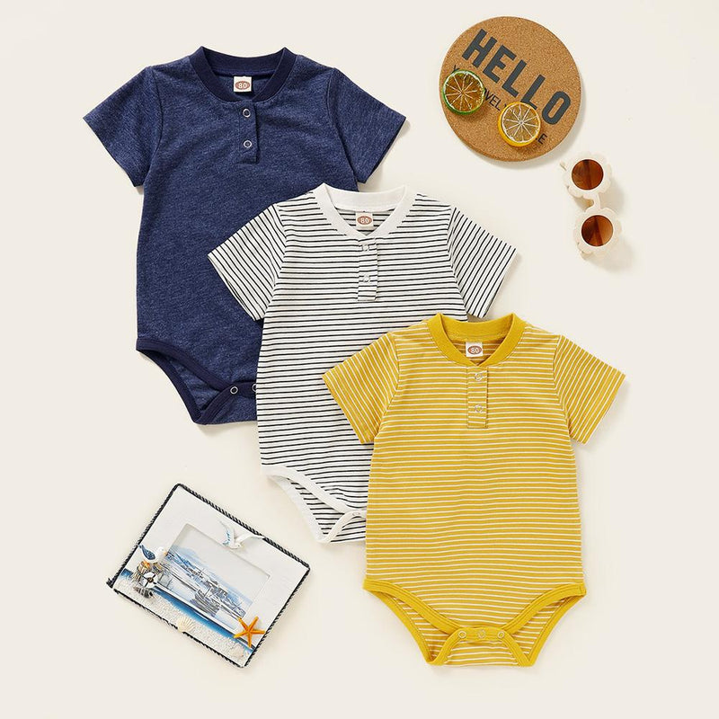 Baby Boys 3PCS Solid Color Stripe Short Sleeve Rompers Baby Wholesale Clothes - PrettyKid