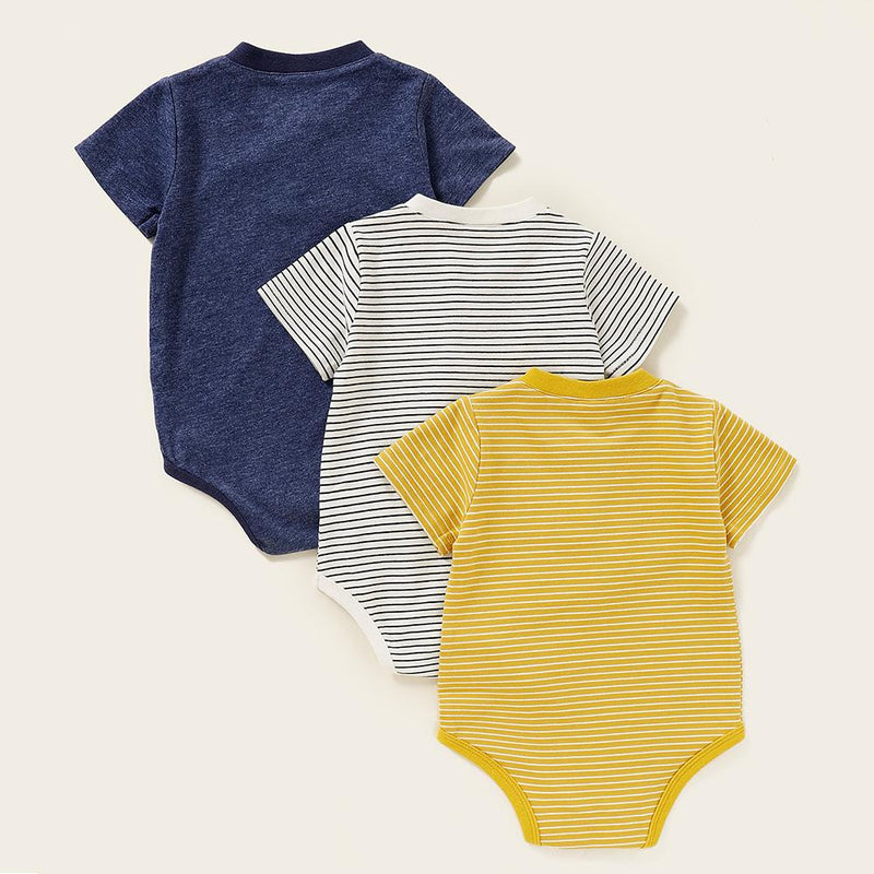 Baby Boys 3PCS Solid Color Stripe Short Sleeve Rompers Baby Wholesale Clothes - PrettyKid