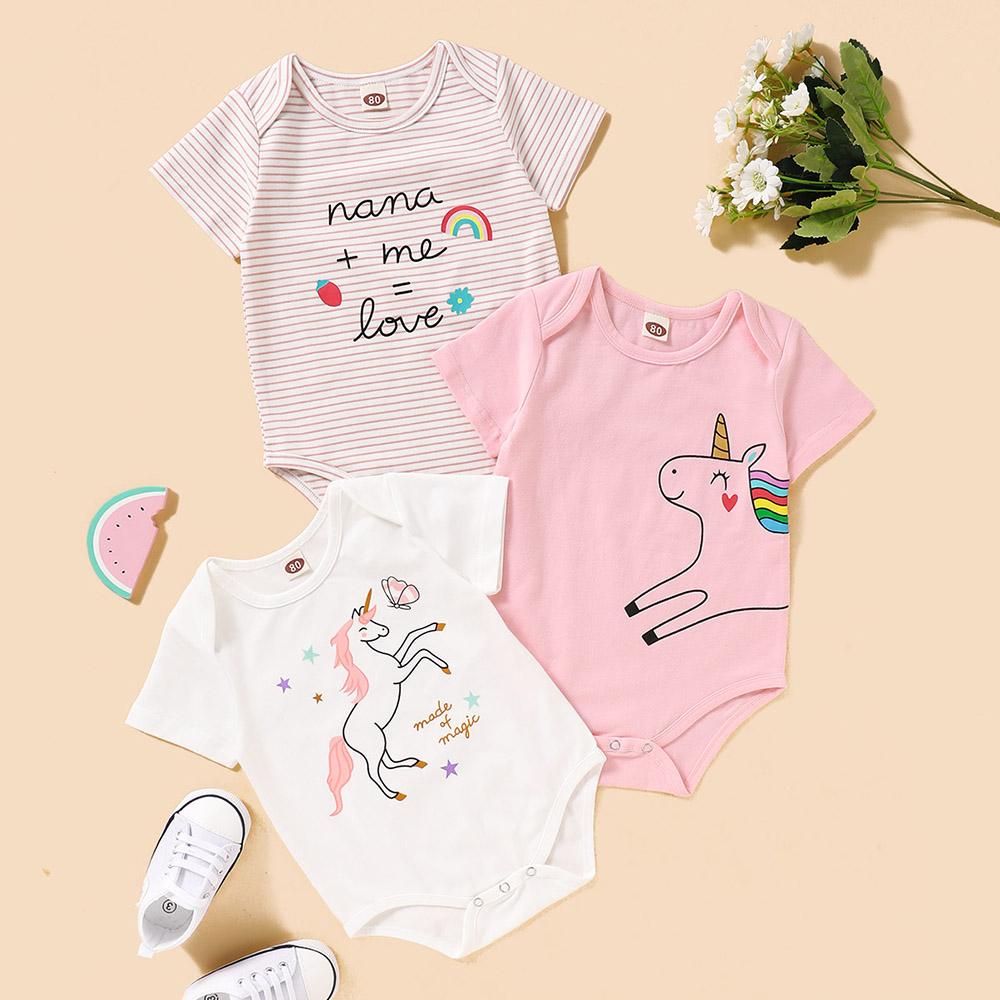 Baby Girls 3PCS Unicorn Letter Printed Cartoon Rompers Set Baby Clothes Cheap Wholesale - PrettyKid