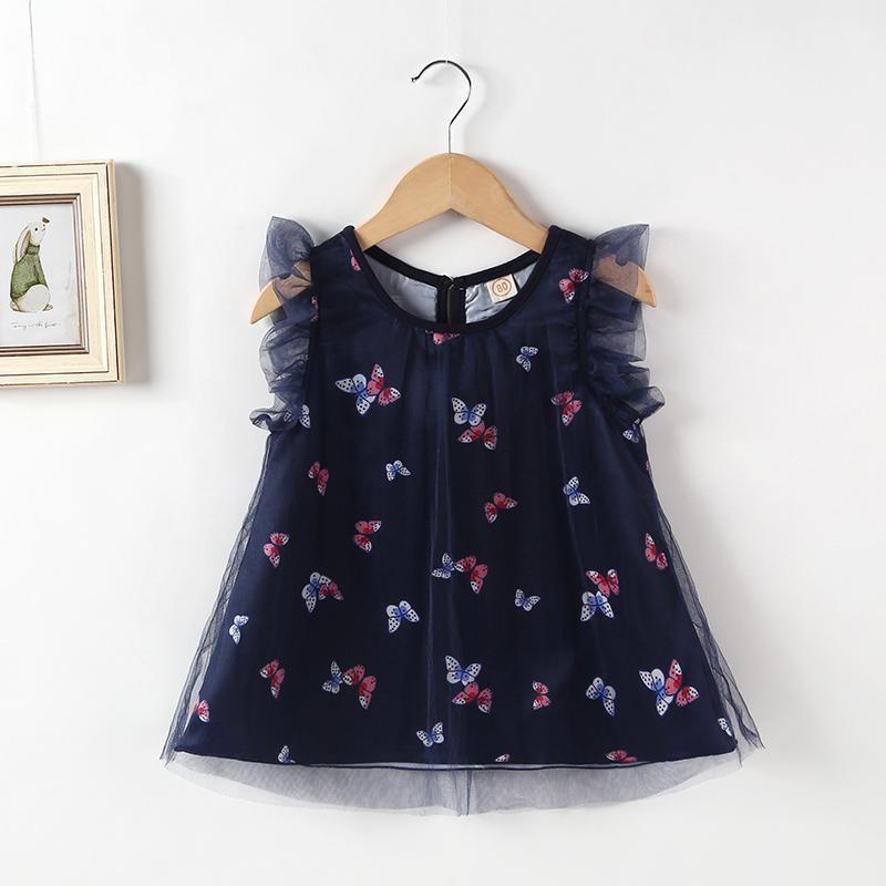 Girl's Fly Sleeve Mesh Butterfly Print Dress - PrettyKid