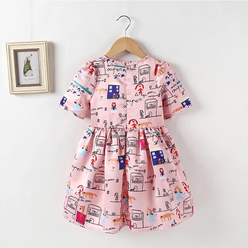 Girl's Short Sleeve Cartoon Letter Full Print Dress - PrettyKid