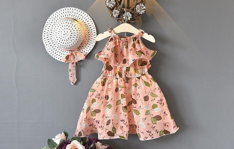 Girl Chiffon Off Shoulder Leaf and Flower Print Dress - PrettyKid