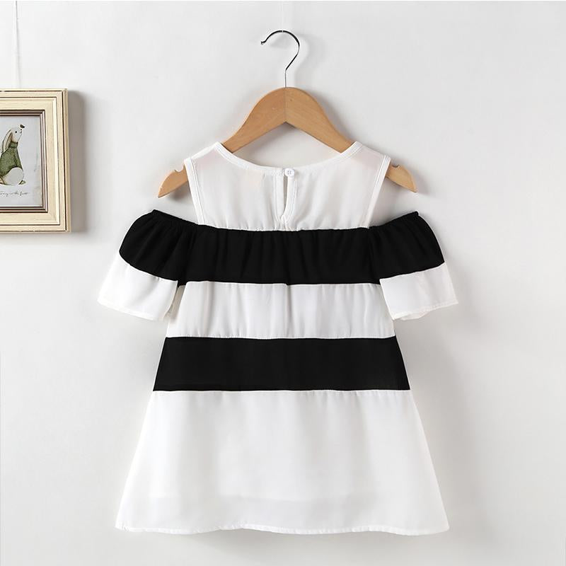 Girls Contrast Color Splice Off Shoulder Dress - PrettyKid