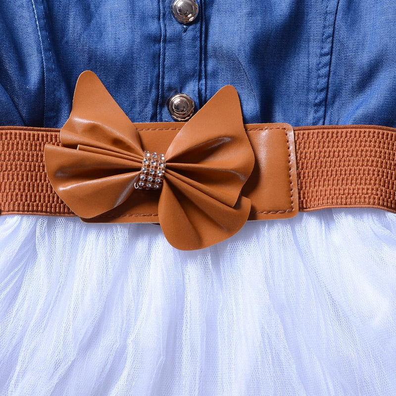 Fashionable Short Sleeve Denim Bow Belt Princess Mesh Skirt - PrettyKid