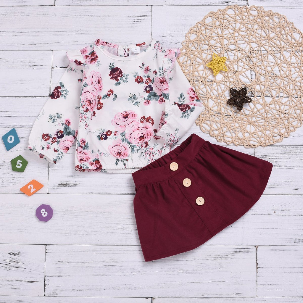 Toddler Girls Long Sleeve Floral Top Solid Color Skirt - PrettyKid