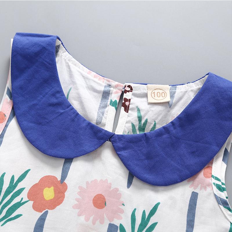 Girls Sleeveless Doll Collar Flower Print Splice Dress - PrettyKid