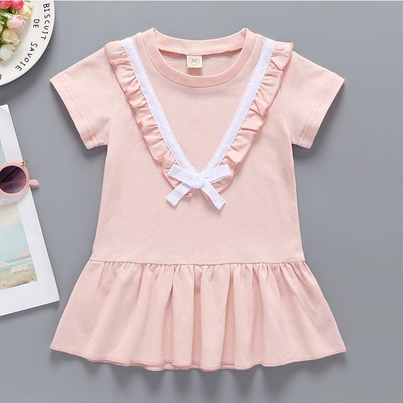 Baby Girls' Ruffle Bow Solid Color Splice Dress - PrettyKid
