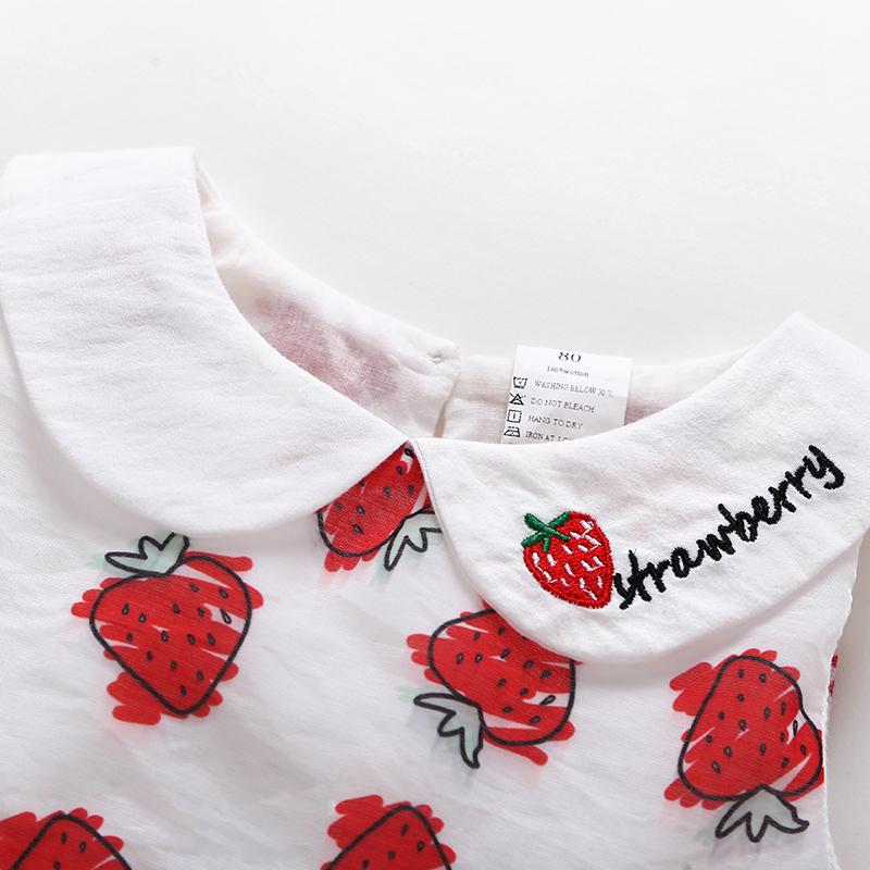 Girls Cute Lapel Strawberry Print Dress - PrettyKid