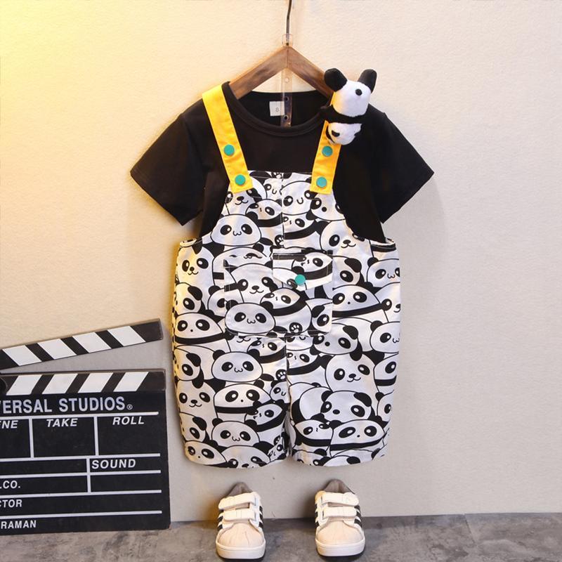 Toddler Girl Cartoon Panda Pattern T-shirt & Printed Overalls - PrettyKid