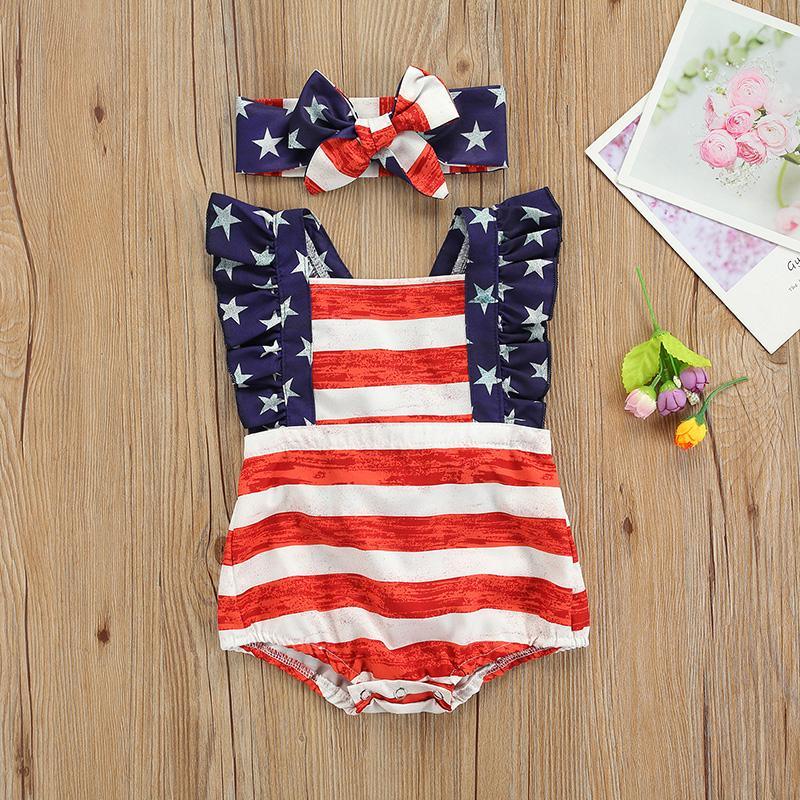 Baby Girl Independence Day Pentagram Print Striped Bodysuit & Headband - PrettyKid