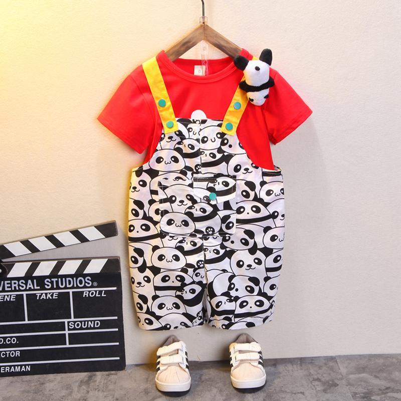 Toddler Girl Cartoon Panda Pattern T-shirt & Printed Overalls - PrettyKid