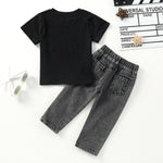 9months-5years Toddler Boy Sets Ins 2022 New Boy Solid Color Letter T-Shirt + Denim Ripped Trousers Suit - PrettyKid