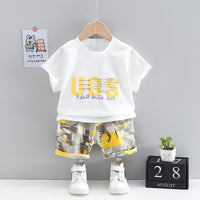 Grow Boy Letter Print Top & Camouflage Shorts - PrettyKid