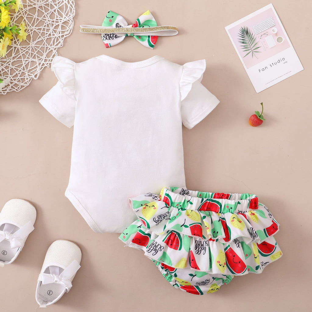 Baby Girl Monogram & Fruit Print Bodysuit And Briefs With Headband Baby Outfit Sets - PrettyKid