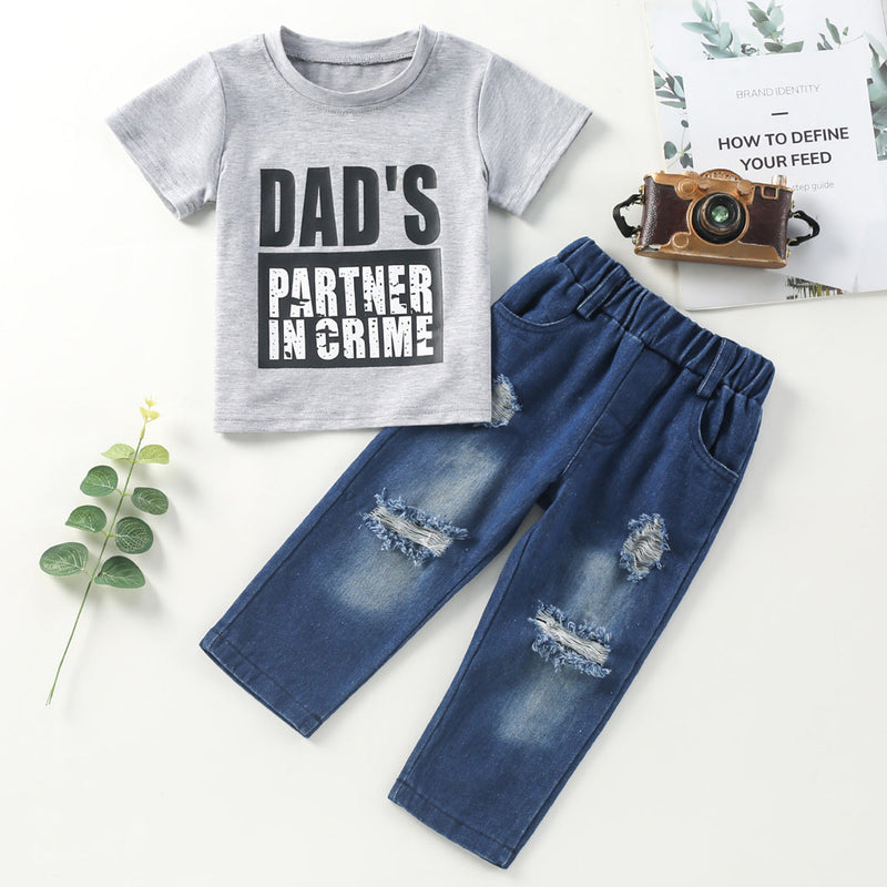 2-7years Toddler Boy Sets 2022 New Boy Solid Color Letter T-Shirt & Denim Ripped Pant Children's Clothing Wholesale - PrettyKid