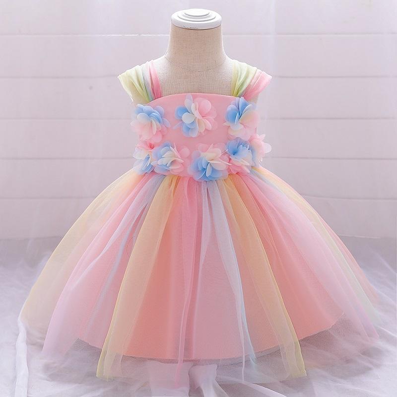 Toddler Girl 3D Flower Decor Color-block Sleeveless Mesh Formal Dress - PrettyKid