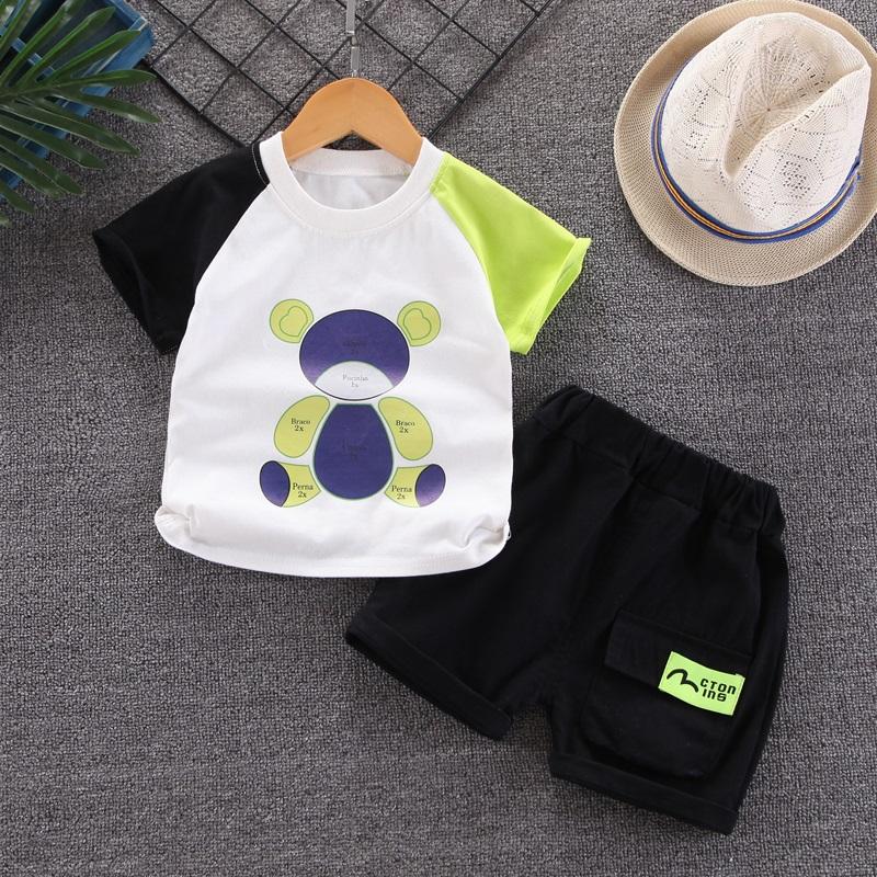 Toddler Boy Contrast Colored Sleeves Bear Prints Top & Shorts - PrettyKid