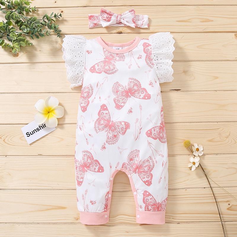 Baby Girl Butterfly Pattern Jumpsuit & Headband Children's Clothing - PrettyKid