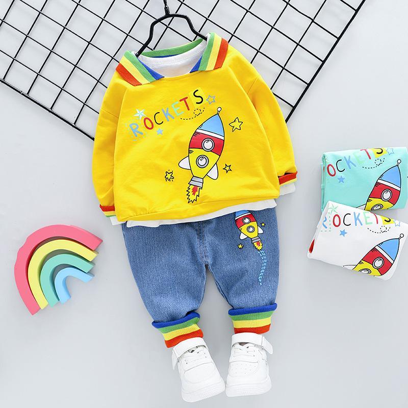 2-piece Fashion Cute Rockets Print Color-block Hoodies and Jeans - PrettyKid