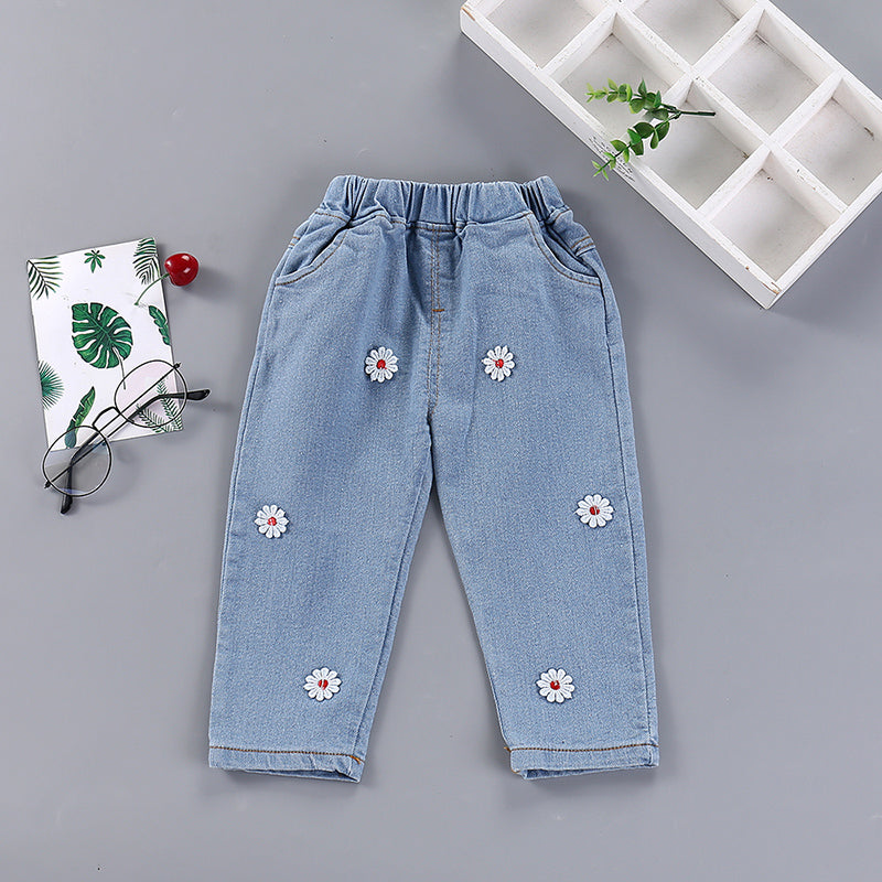 Toddler Boy Floral Pattern Elastic Waist Jeans - PrettyKid
