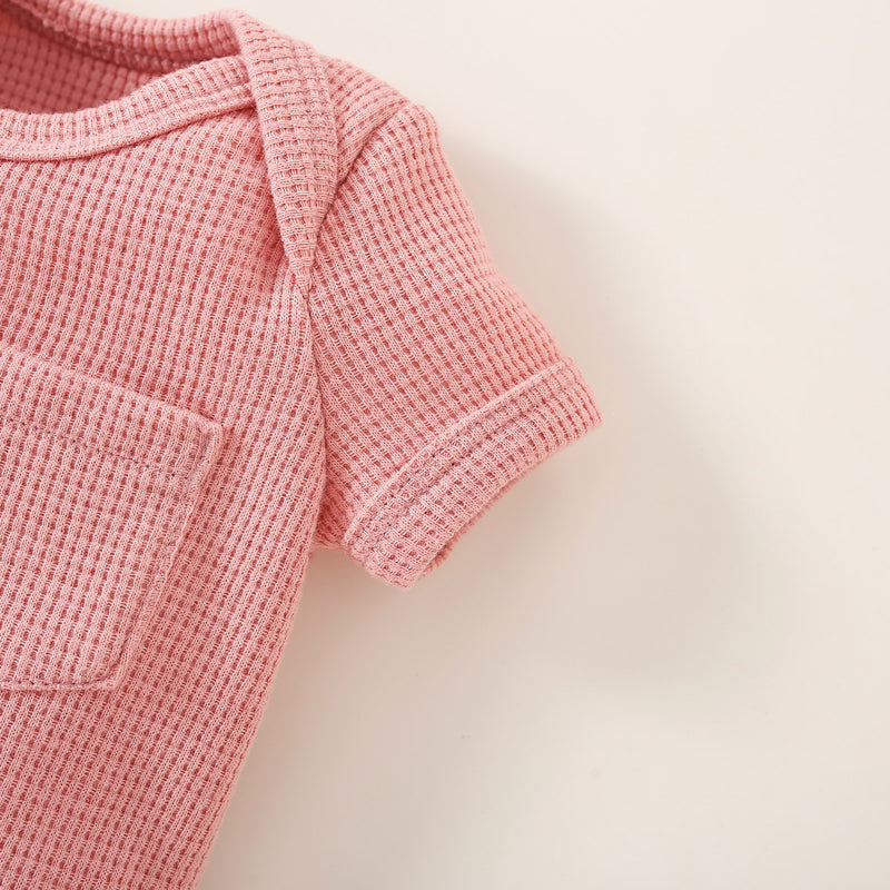 Wholesale Baby Solid Color Pocket Decor Short Sleeve Boxer Romper in Bulk - PrettyKid