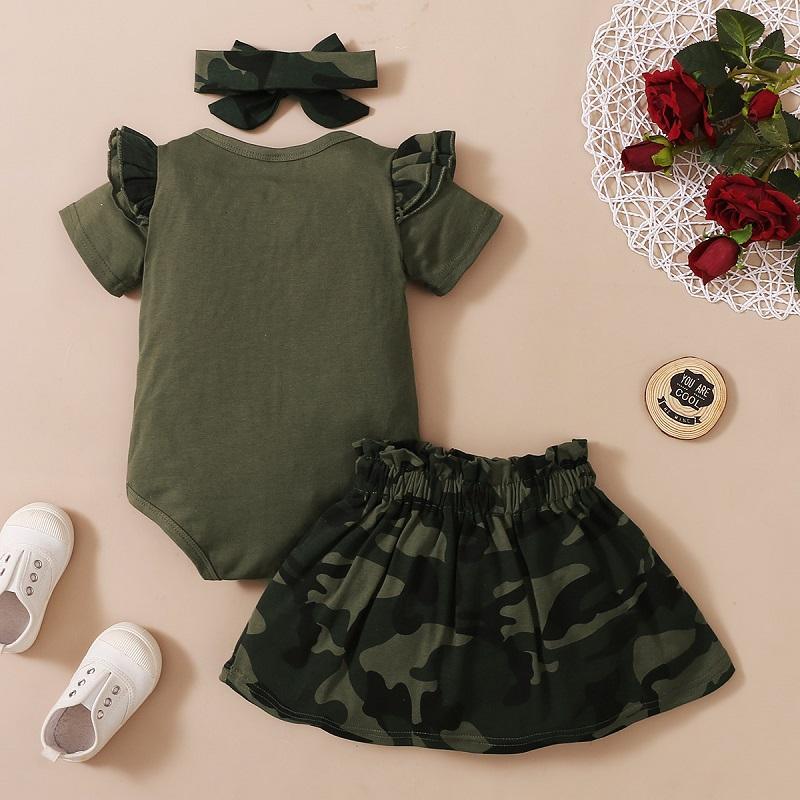 Baby Girl Ruffle Romper & Camouflage Print Skirt & Bowknot Headband - PrettyKid