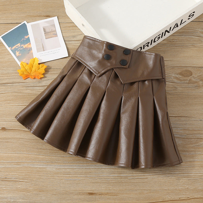 2-7Y Toddler Girls PU Leather Pleated A-Line Skirts Girl Wholesale Boutique Clothing - PrettyKid