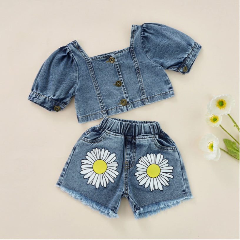 9M-4Y Toddler Girls Outfits Sets Denim Square Collar Button Top & Daisy Shorts Wholesale Girls Clothes - PrettyKid
