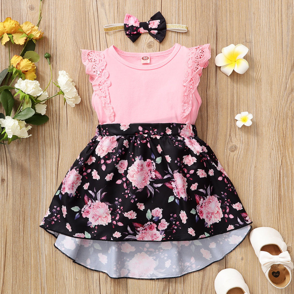 Baby Girl Lace Floral Print Dress And Headband Baby Girl Dresses Boutique - PrettyKid
