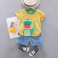 Toddler Boy Dinosaur Pattern Color Stripes Top & Denim Shorts - PrettyKid