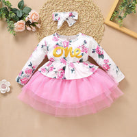 Baby Girl Mesh Monogram & Flower Print Dress With Headband Cute Baby Girl Dresses Wholesale - PrettyKid