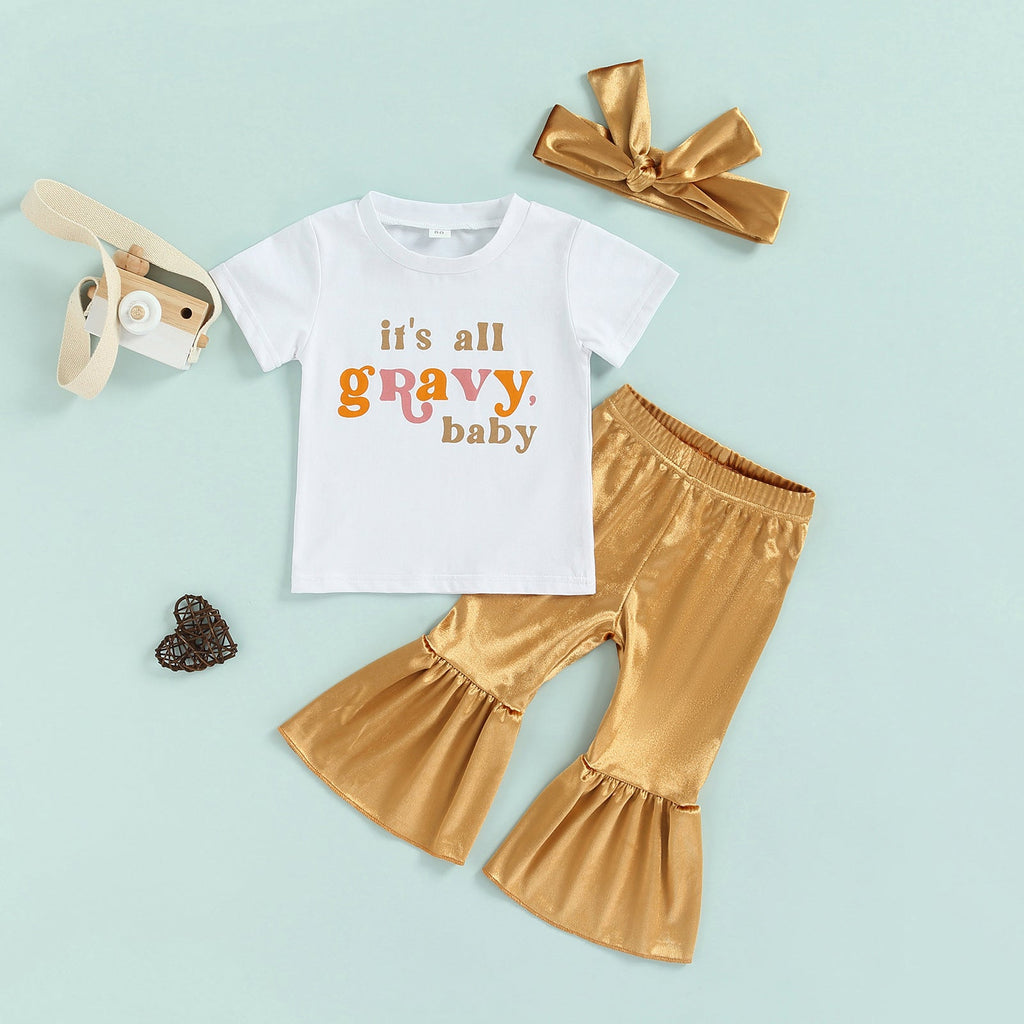 9months-4years Toddler Girl Sets Children Short Sleeve Letter T-Shirt & Gold Velvet Flared Pants & Hairband Three-piece Children's Suit - PrettyKid