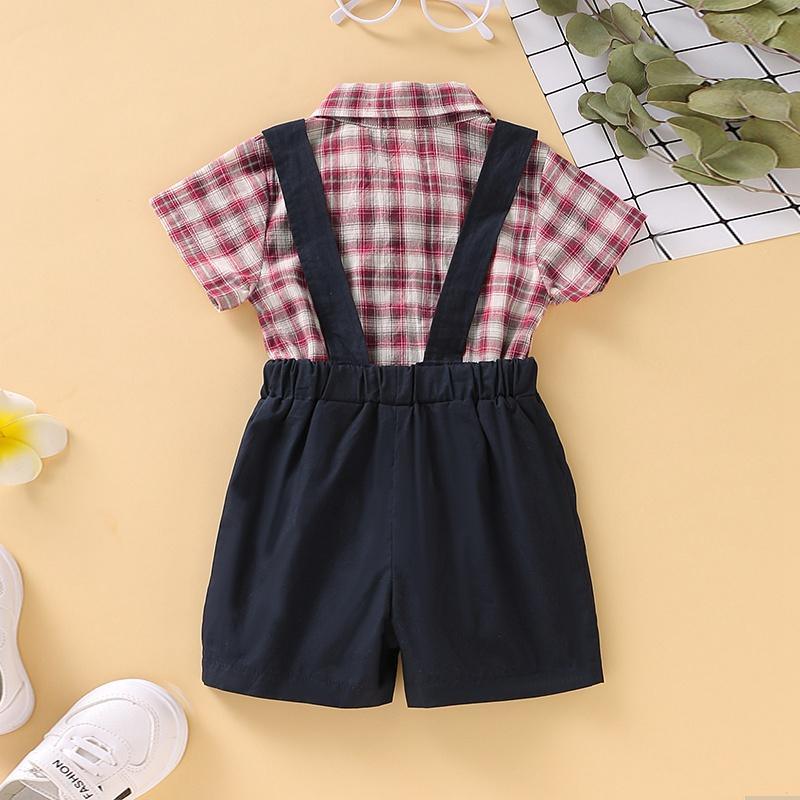 2-Piece Plaid Bownot Decoration Babysuit and Overalls - PrettyKid